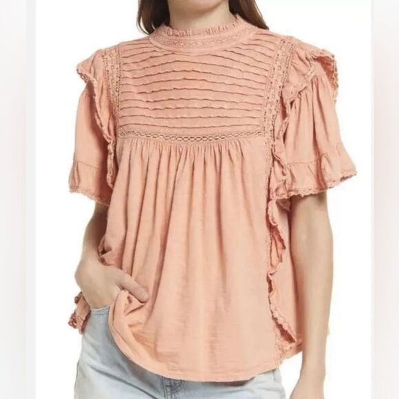 Free People Light Peach Orange Peasant Flutter Sleeve Size Small - Picture 2 of 9